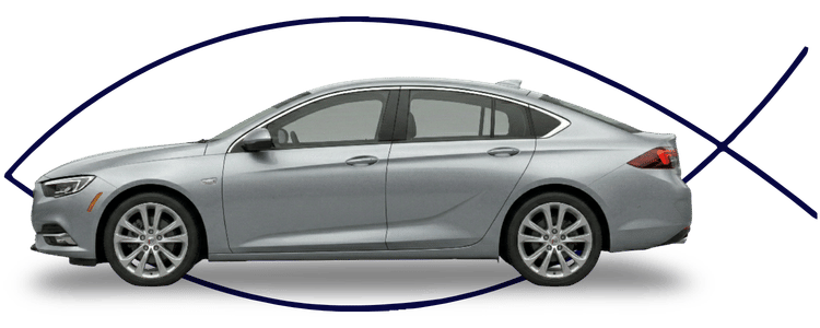 Blue car-shaped keychains displayed on the front desk, with a BMW mug and a Christian fish symbol sign in the background.