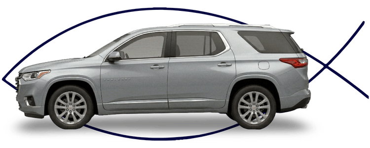 Blue car-shaped keychains displayed on the front desk, with a BMW mug and a Christian fish symbol sign in the background.