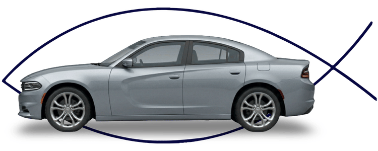 Blue car-shaped keychains displayed on the front desk, with a BMW mug and a Christian fish symbol sign in the background.