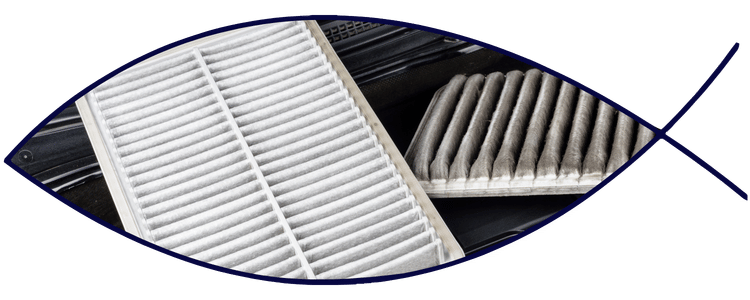 Blue car-shaped keychains displayed on the front desk, with a BMW mug and a Christian fish symbol sign in the background.