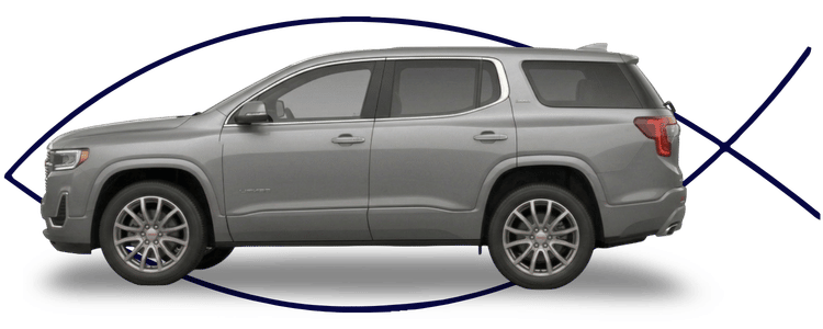 Blue car-shaped keychains displayed on the front desk, with a BMW mug and a Christian fish symbol sign in the background.