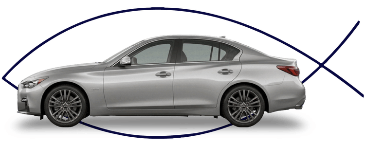 Blue car-shaped keychains displayed on the front desk, with a BMW mug and a Christian fish symbol sign in the background.