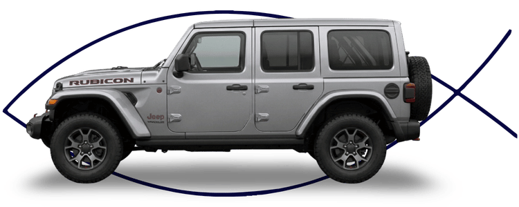 Blue car-shaped keychains displayed on the front desk, with a BMW mug and a Christian fish symbol sign in the background.