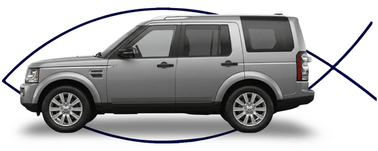 Blue car-shaped keychains displayed on the front desk, with a BMW mug and a Christian fish symbol sign in the background.