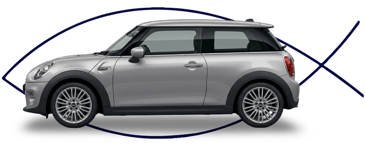 Blue car-shaped keychains displayed on the front desk, with a BMW mug and a Christian fish symbol sign in the background.