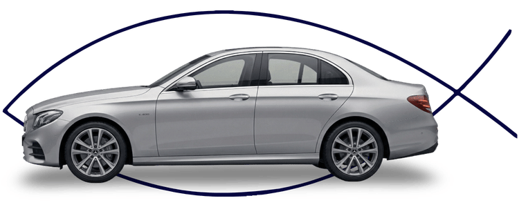 Blue car-shaped keychains displayed on the front desk, with a BMW mug and a Christian fish symbol sign in the background.