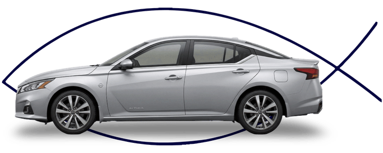 Blue car-shaped keychains displayed on the front desk, with a BMW mug and a Christian fish symbol sign in the background.