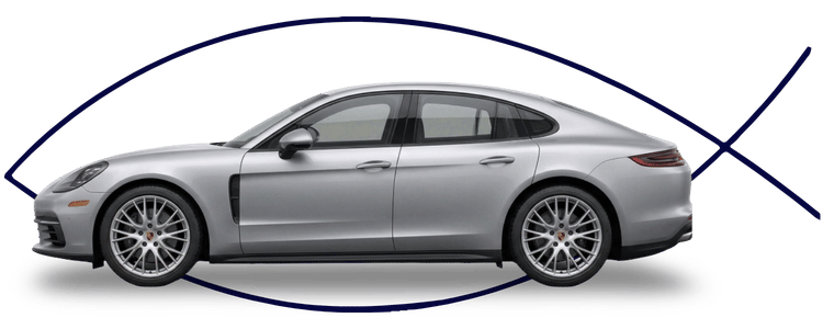 Blue car-shaped keychains displayed on the front desk, with a BMW mug and a Christian fish symbol sign in the background.