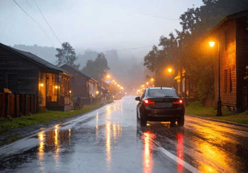 Car driving on a wet residential street at dusk with rain falling and streetlights reflecting on the road.
