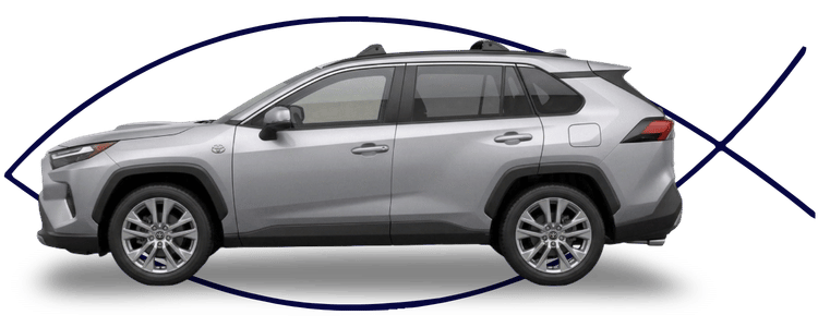 Blue car-shaped keychains displayed on the front desk, with a BMW mug and a Christian fish symbol sign in the background.