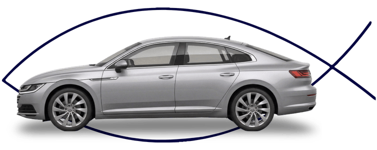 Blue car-shaped keychains displayed on the front desk, with a BMW mug and a Christian fish symbol sign in the background.