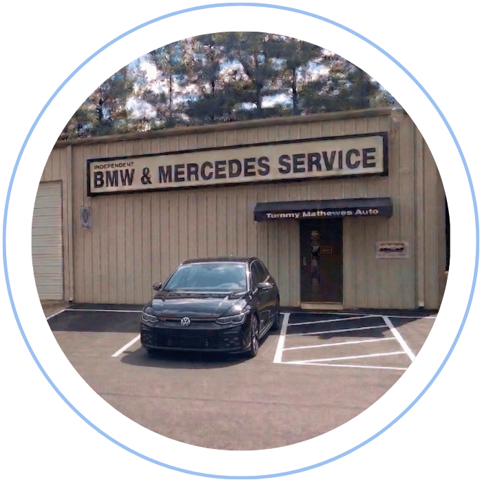 Volkswagen sedan parked outside Tommy Mathewes Auto Repair