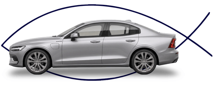 Blue car-shaped keychains displayed on the front desk, with a BMW mug and a Christian fish symbol sign in the background.