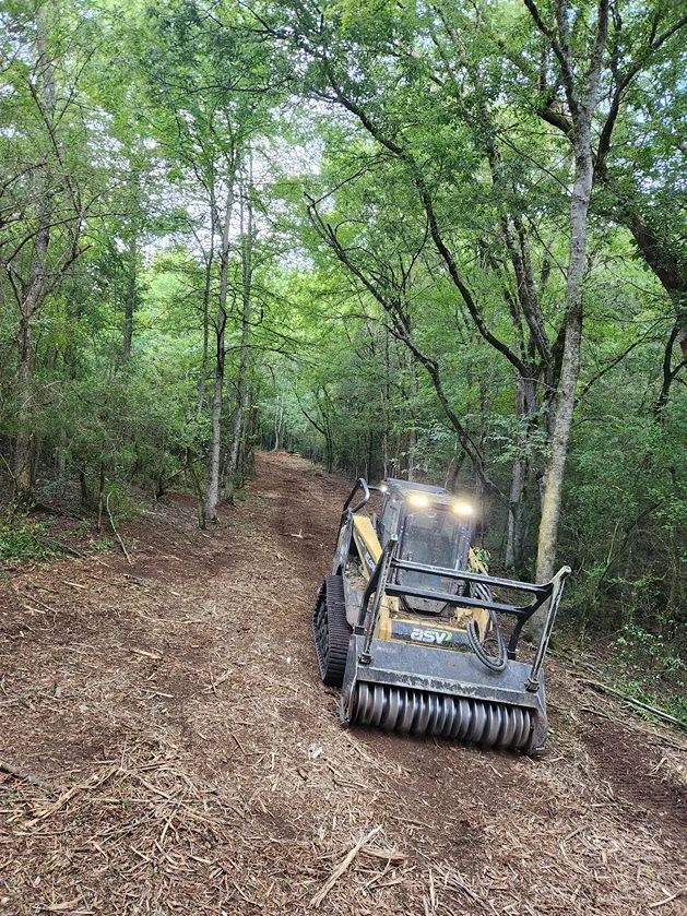 Skid steer mulcher clearing a hillside path in a wooded area, with wood chips and trees.