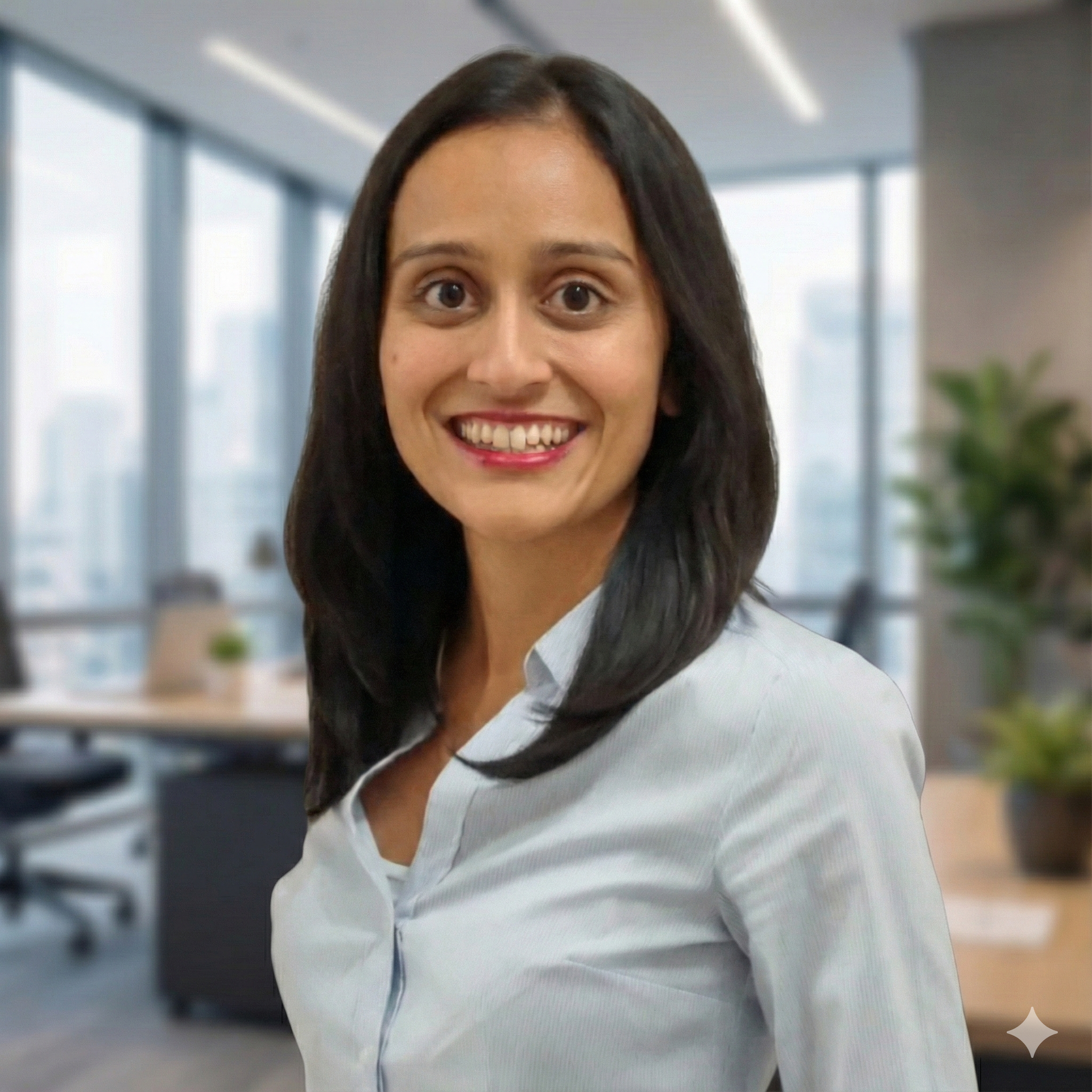 Woman smiling in a light blue button-down shirt, office background.