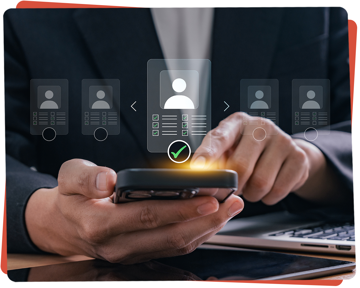 Person in a suit selecting a profile on a phone; hiring concept.