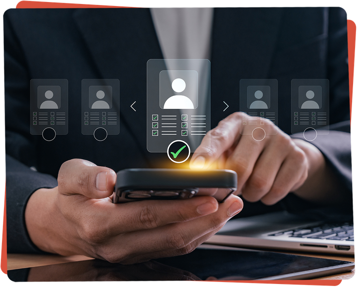 Person in a suit selecting a profile on a phone; hiring concept.