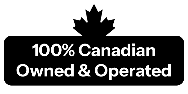 Black badge with a maple leaf and text: