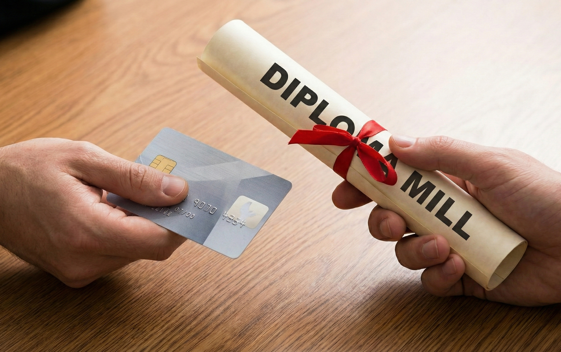 Person in graduation gown holding a rolled-up diploma tied with red ribbon.