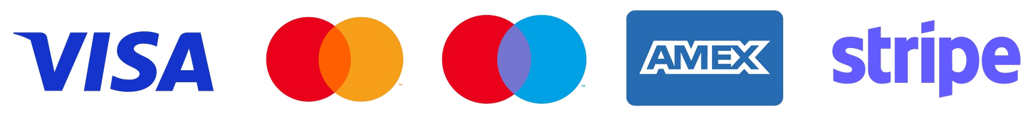 Logos for payment methods: Visa, Mastercard, American Express, and Stripe.