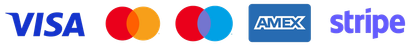 Logos for payment methods: Visa, Mastercard, American Express, and Stripe.