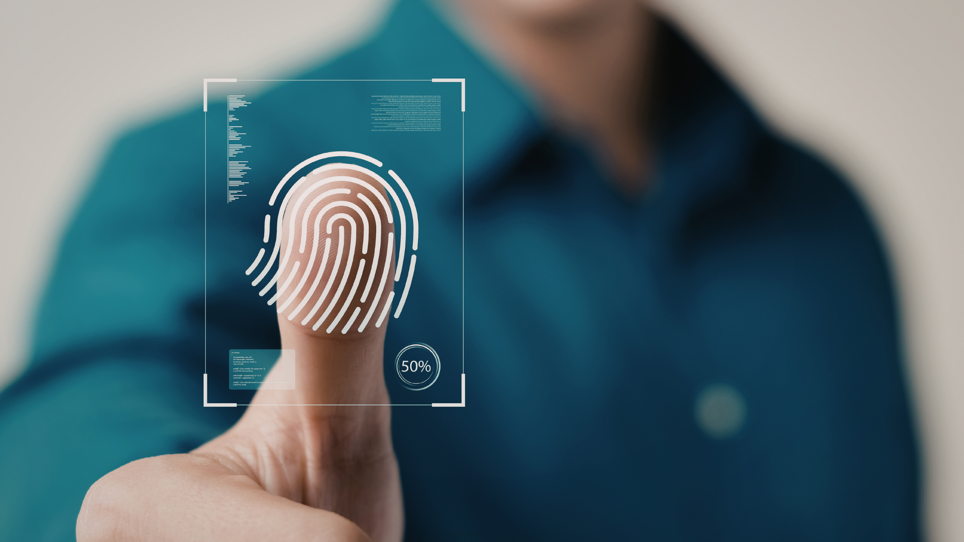 Thumb pressing fingerprint scanner with digital biometric overlay on blurred blue background