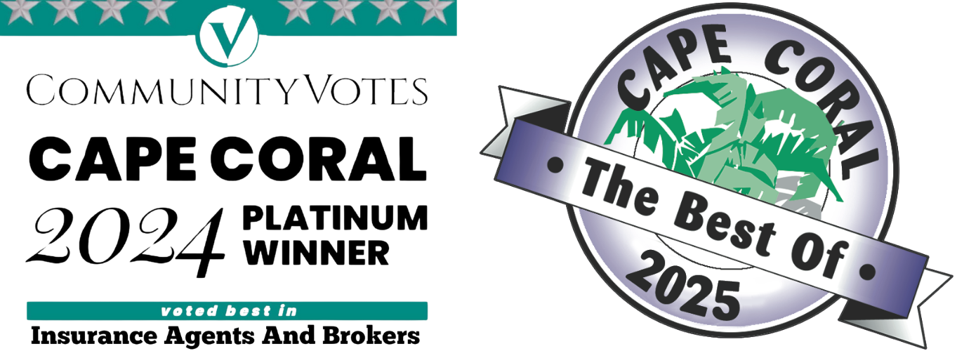 Community Votes Cape Coral Platinum Winner 2024 for Insurance Agents and Brokers; Cape Coral Best of 2024 seal.