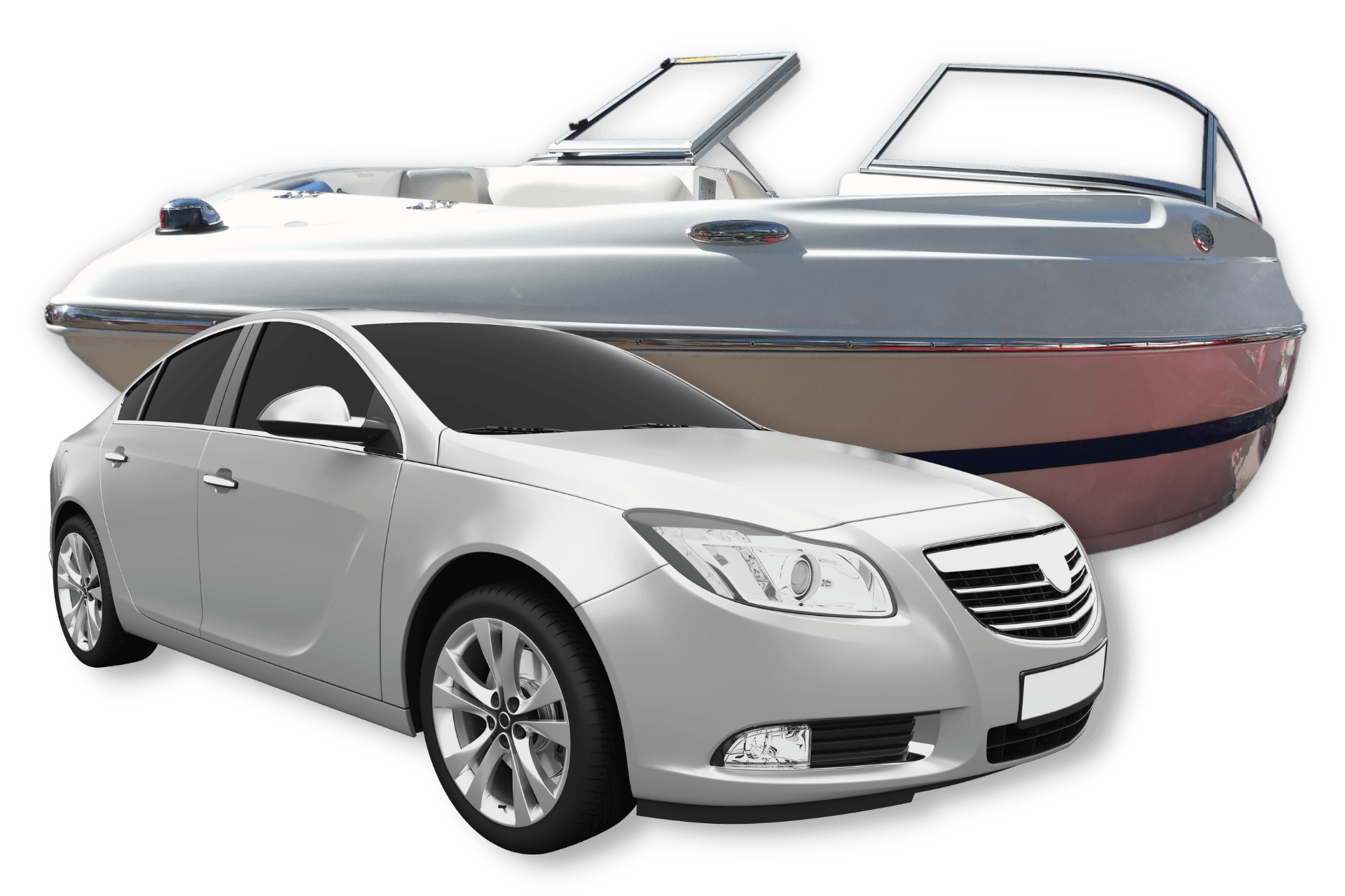 Silver car and a white motorboat, both angled towards the viewer.