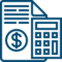 Document with dollar symbol and calculator, financial analysis icon.