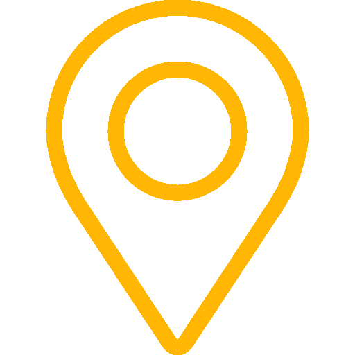 A yellow map pin with a circle in the middle on a white background.