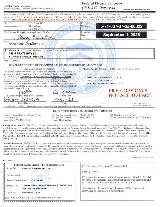 FFL certification for Precision Ingenuity