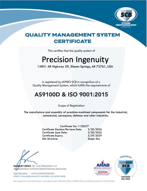 SCB quality management system certificate for Precision Ingenuity
