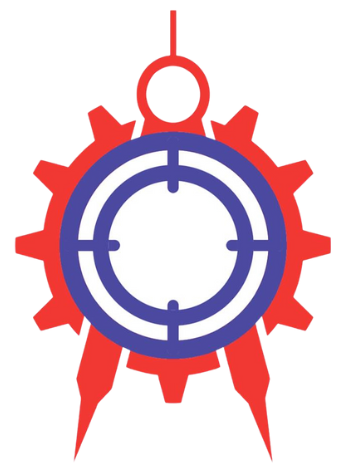 Red gear around a blue target with a compass and a ring at the top.