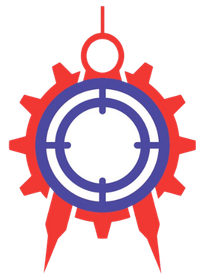 Red gear around a blue target with a compass and a ring at the top.