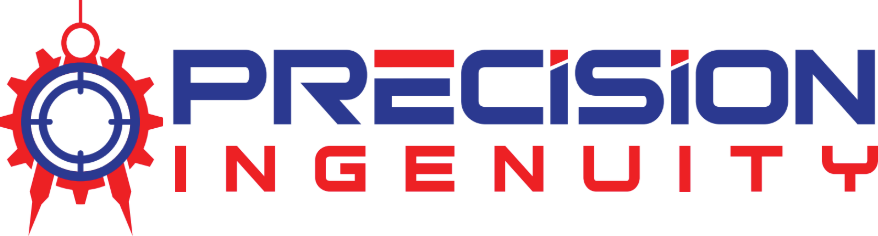Logo for Precision Ingenuity: Blue and red text, gear and target graphic.