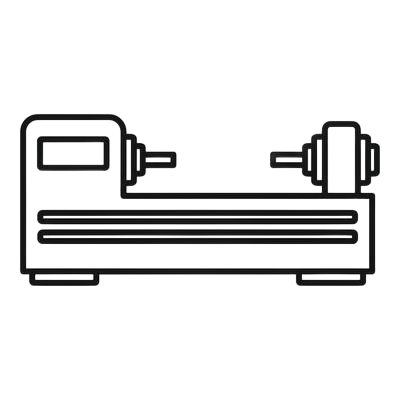 A line drawing of a wood lathe machine used for shaping wood.