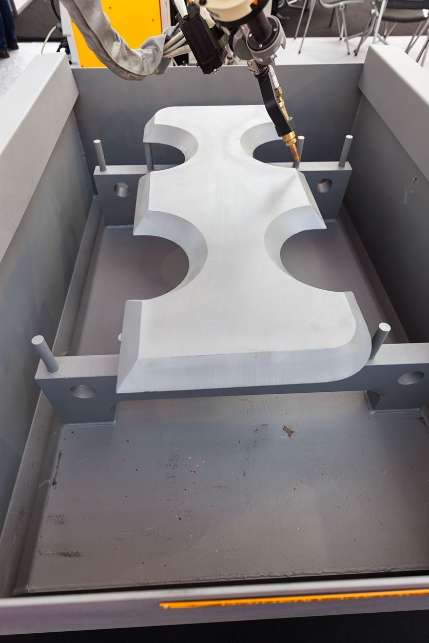 A robotic arm welding a large, gray, abstract metal shape in a factory setting.