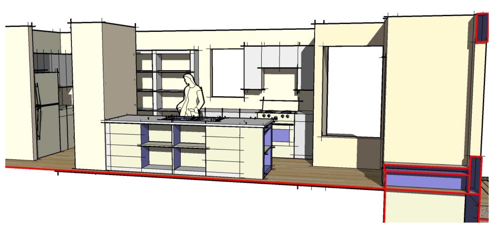 A drawing of a kitchen with a person cooking on the stove