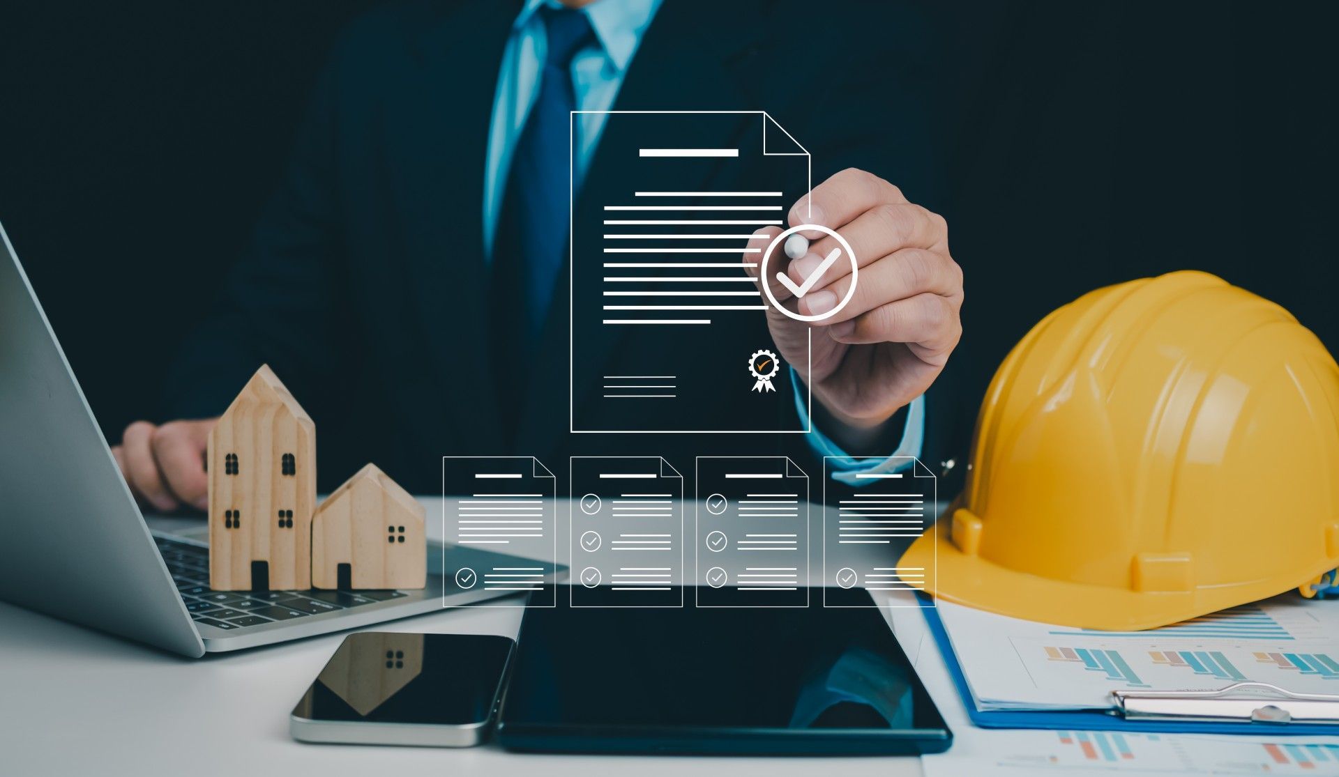 A man is sitting at a desk with a laptop and a hard hat.