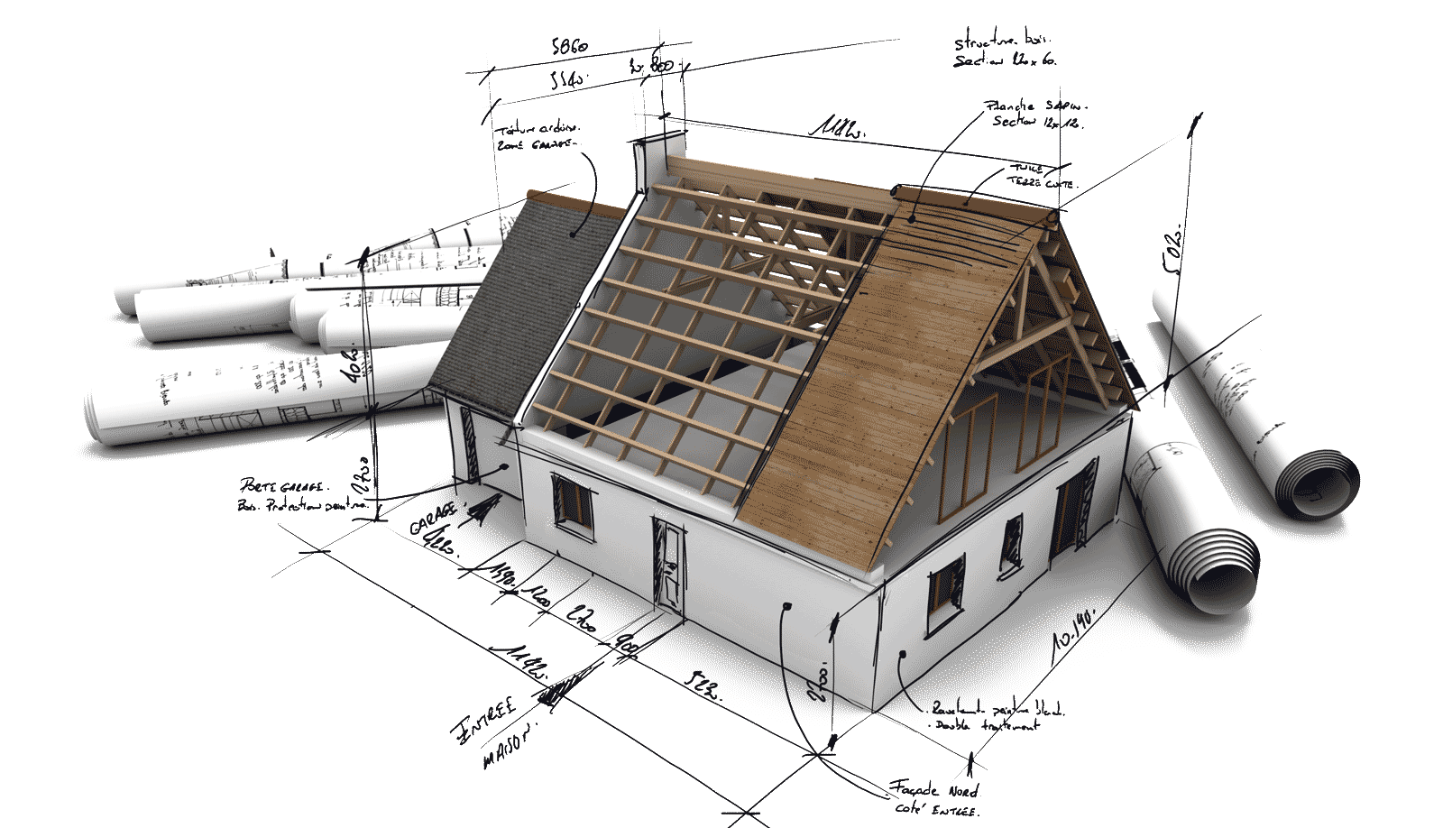 A blueprint of a house under construction with a wooden roof.