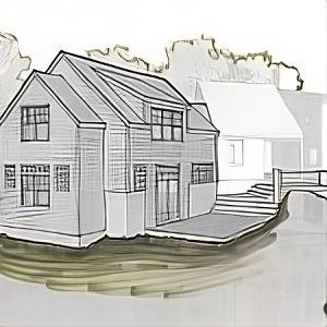 A black and white drawing of a house with a bridge in the background.