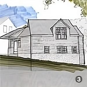A drawing of a house with the number 3 in the corner