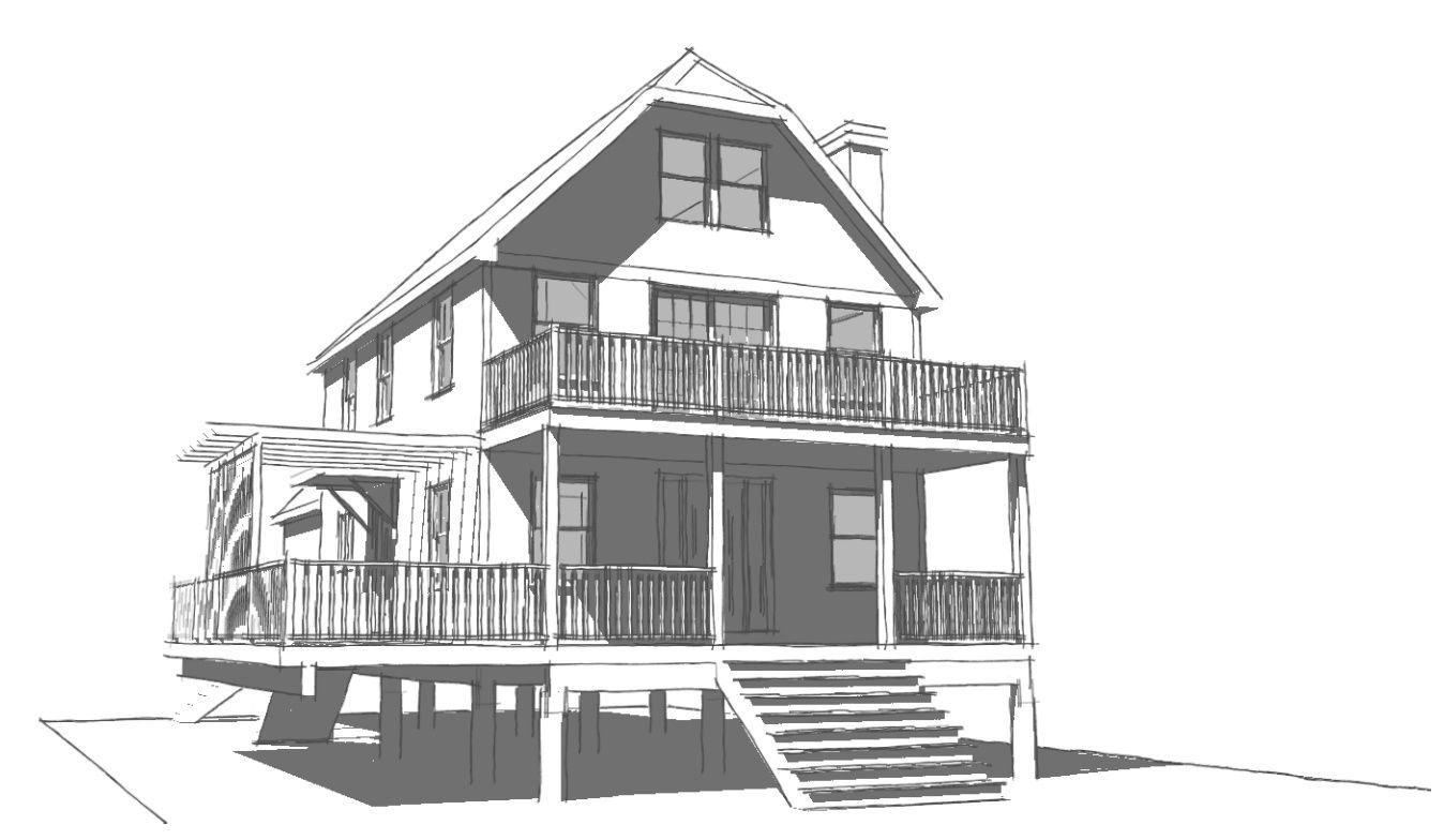 A black and white drawing of a house with a balcony.