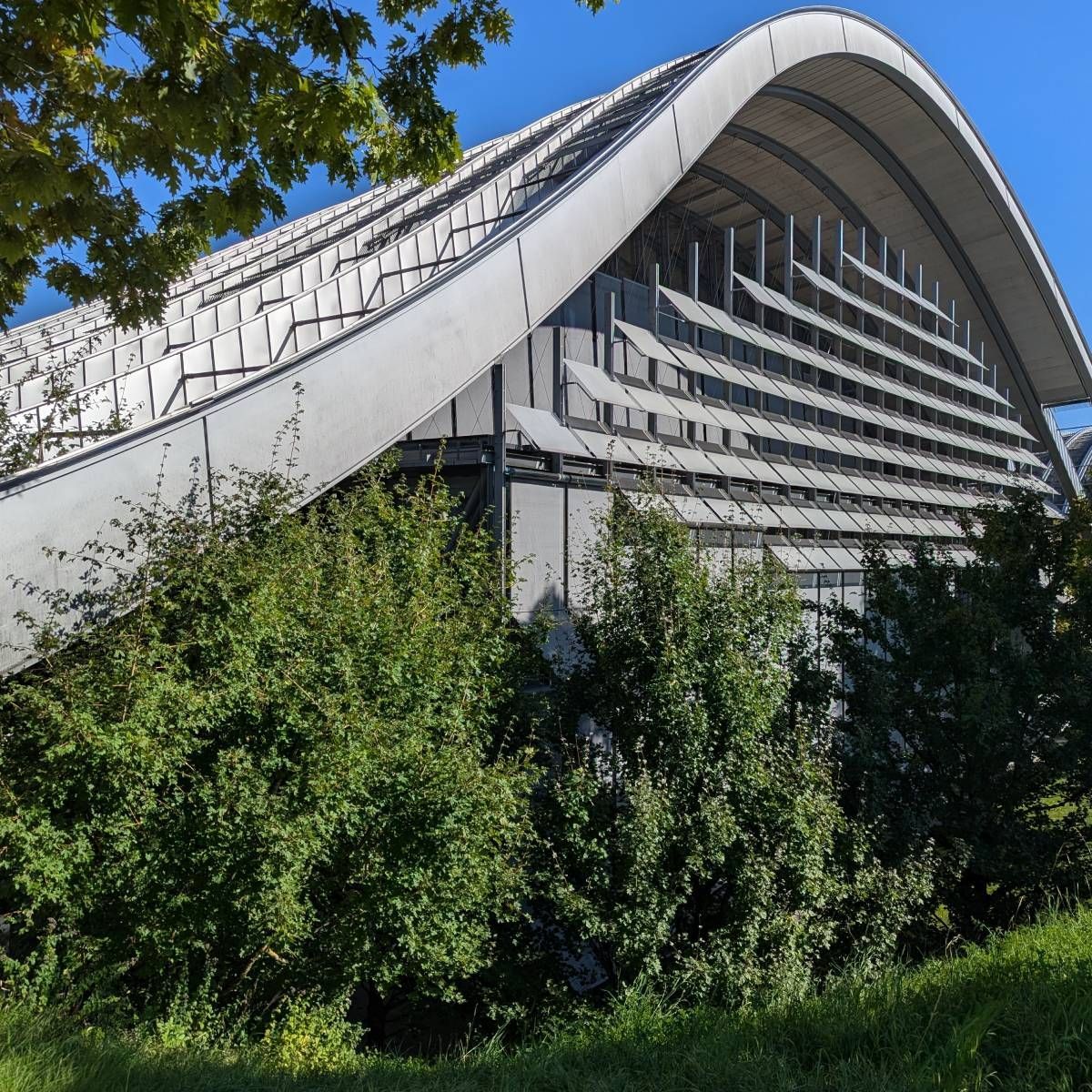 Modern building with curved roof, metal facade, and surrounding greenery.