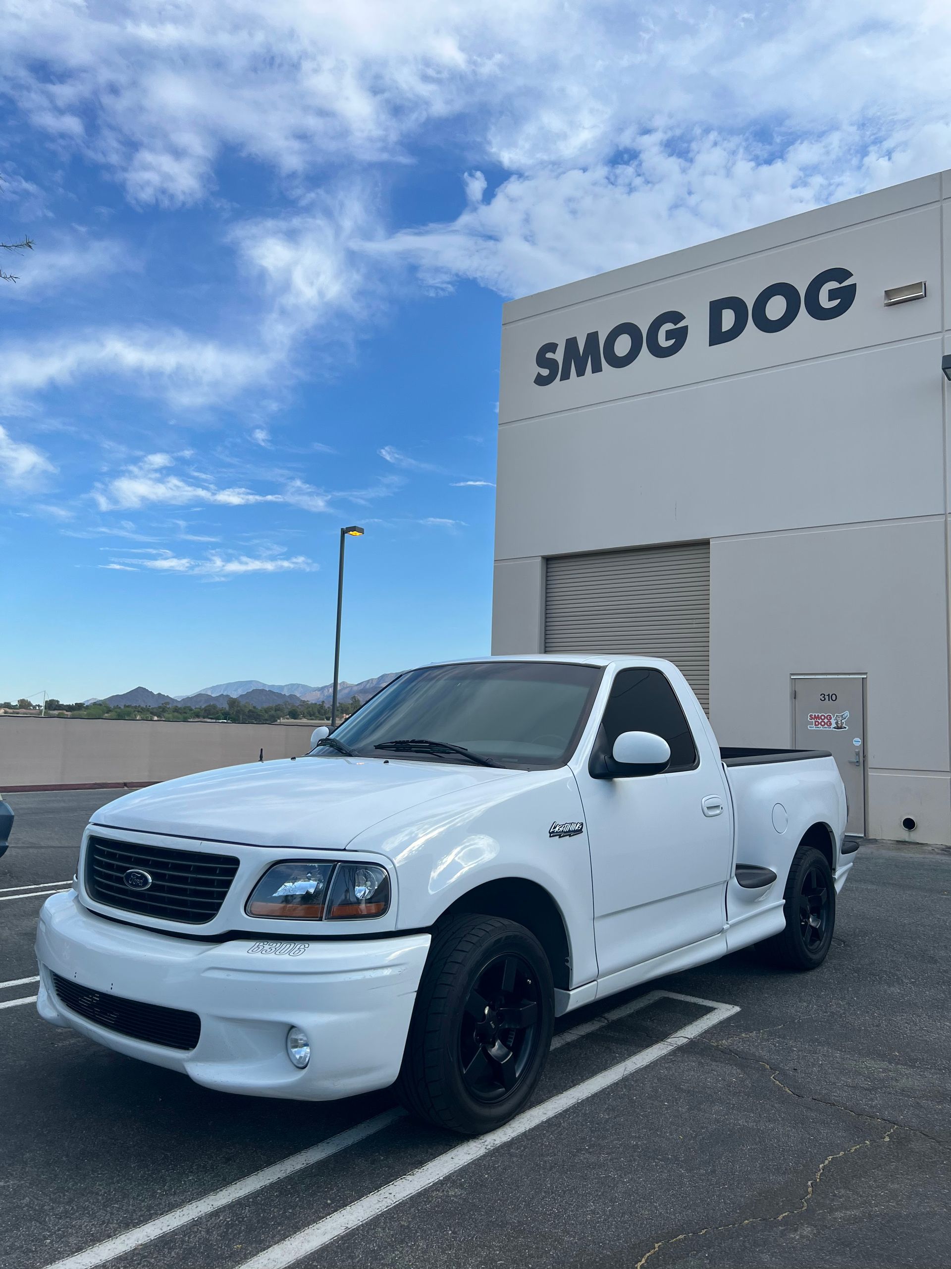 A white truck is parked in front of a building that says smog dog