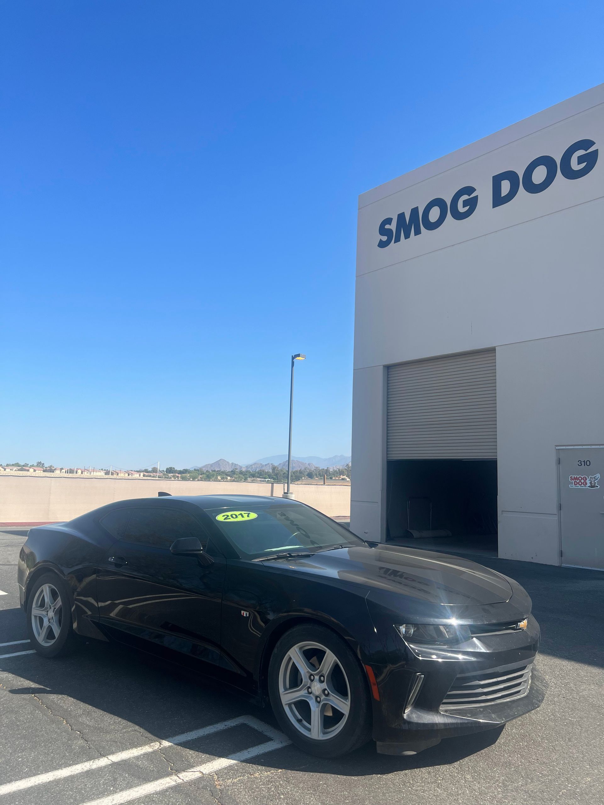 A black car is parked in front of a smog dog building.