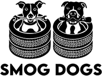 A black and white logo for Smog dogs with two dogs holding wrenches in their mouths.
