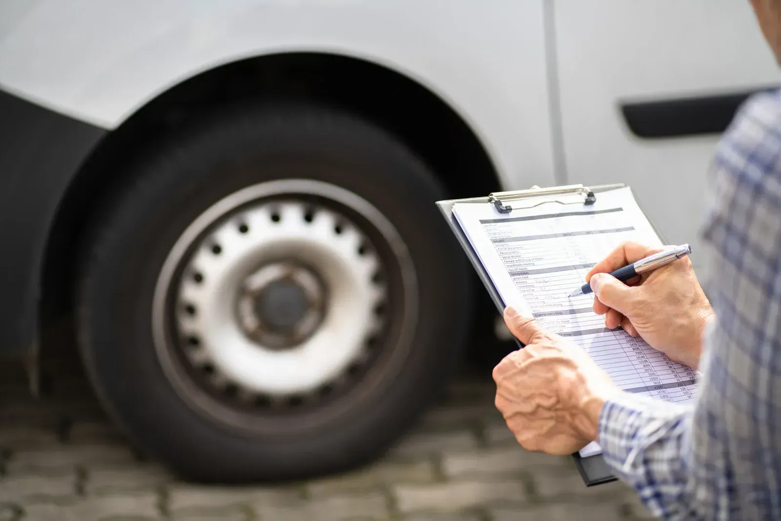 Person writing on clipboard near a vehicle's tire, likely conducting an inspection.
