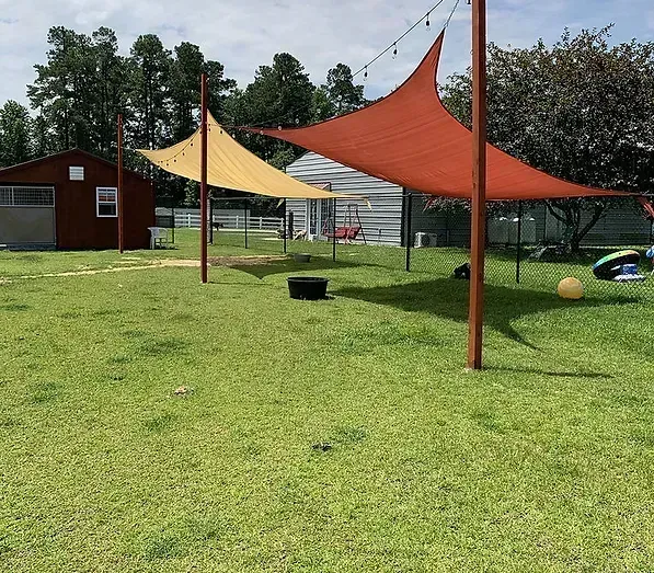 Two shade sails over a grassy yard, with a shed and trees in the background.