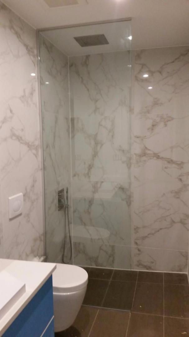 Une salle de bain avec WC, lavabo et douche.